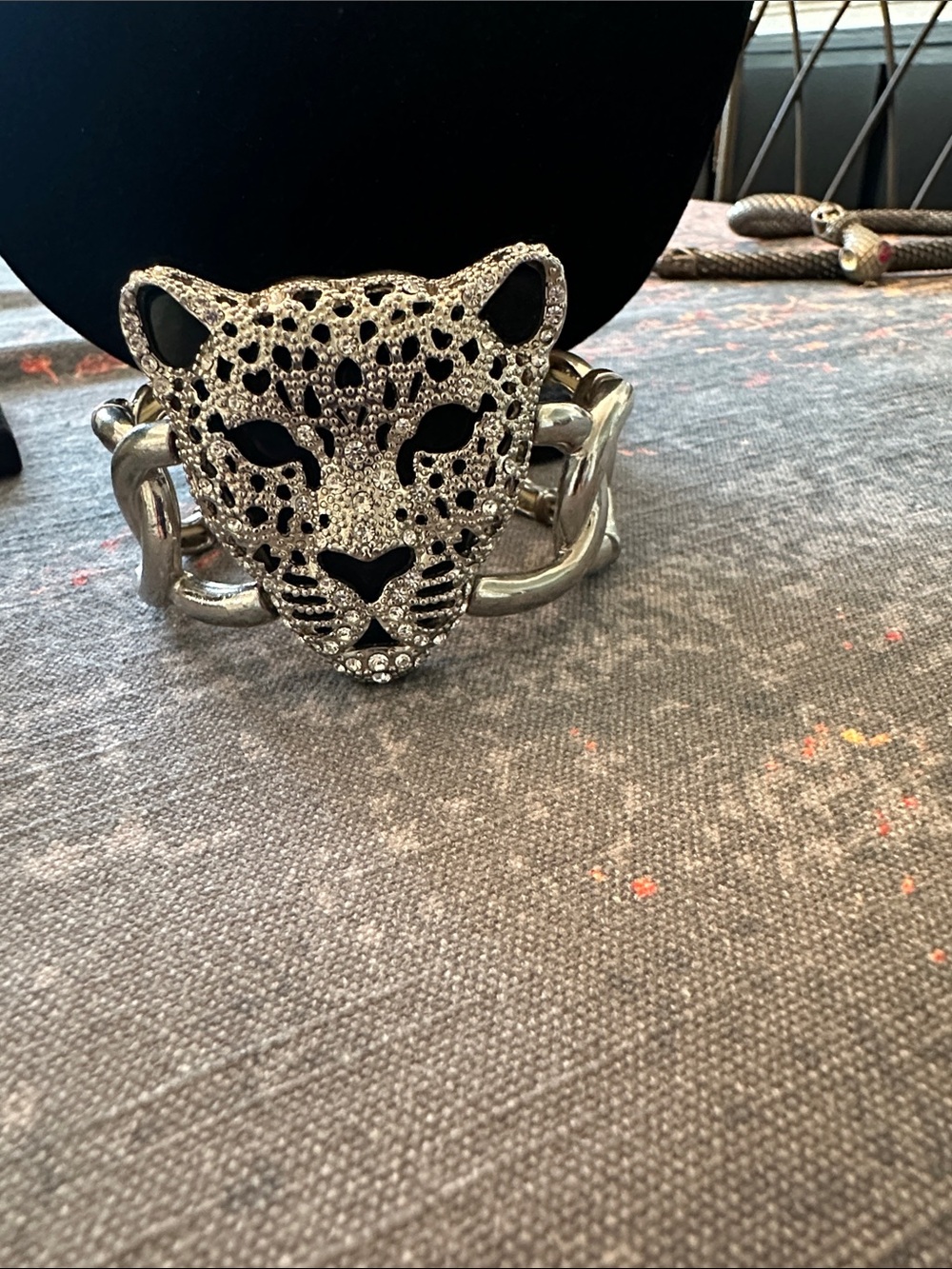 Pavé Leopard Face Statement Cuff Bracelet - Silver color